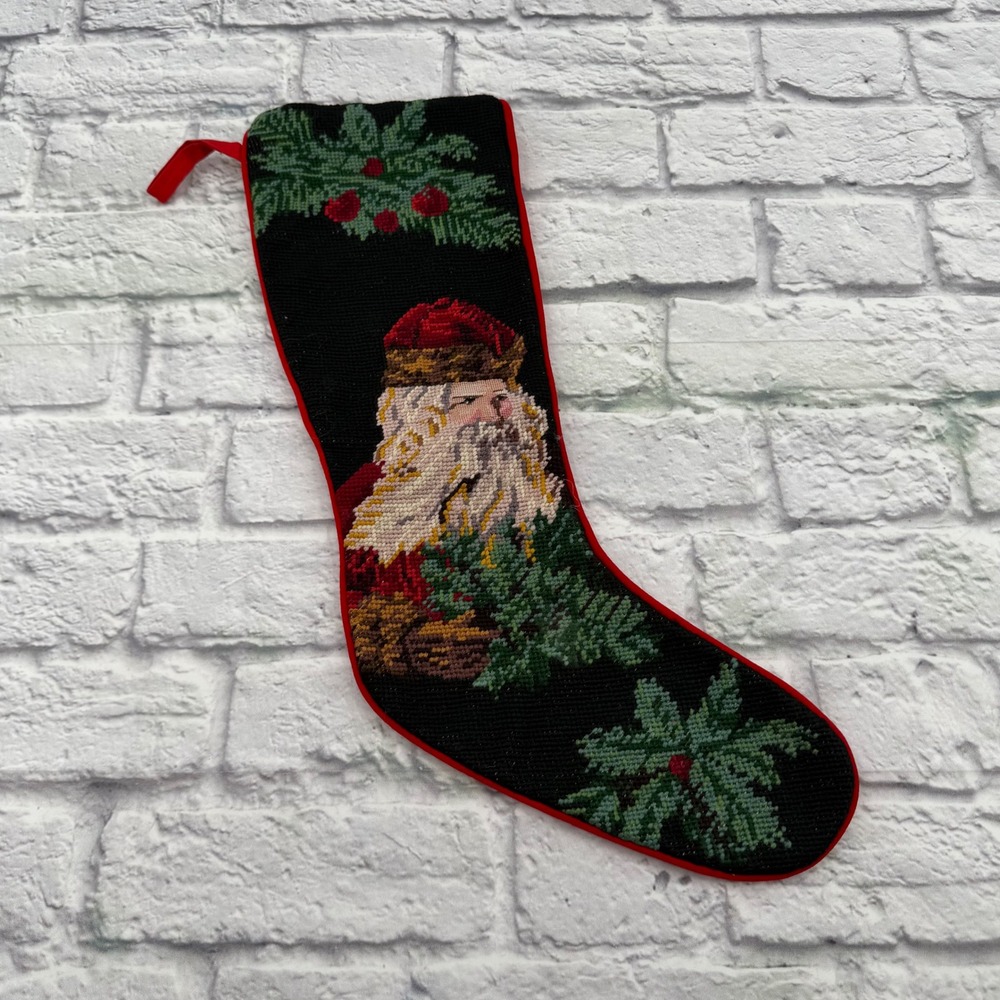 Vintage Handmade Needlepoint Christmas Stocking Santa Claus Holly Red Velvet